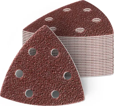 Produktbild von 50 Stück Delta Schleifdreiecke 93x93x93 mm Deltaschleifer P80 Körnung , 6 Loch, red Film , Haft Klett Schleifpapier