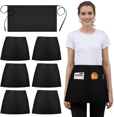 Produktbild von Unyqoos® 6er-Set Unisex-Schürzen aus Polyester, Schwarz, 30 x 60 cm – verstellbar, 3 Taschen, für Küche & Gastronomie
