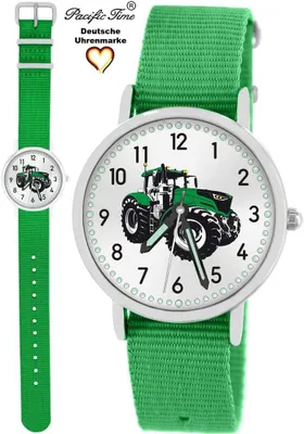 Produktbild von Kinder Armbanduhr Jungen Traktor für Kinder grün Trecker Kinderuhr Auto Car Textilarmband Leuchtzeiger analog Quarz