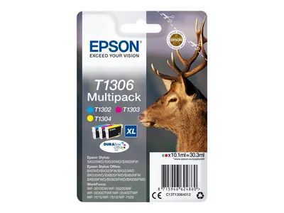 Produktbild von Epson Stag T1306 Hirsch DURABrite Ultra Multipack 3 Farben Tinte, Cyan, Magenta, Gelb, Tinte auf Pigmentbasis, 10,1 ml, 1 Stück(e), Multipack