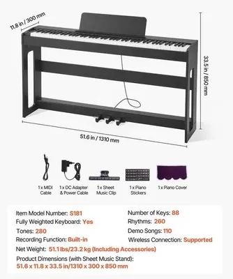 Immagine prodotto di Pianoforte digitale - 88 tasti con meccanica a martelletti pesati - Possibilità di registrazione della dinamica dei tasti - Design standard da mobile - Tre pedali - Funzione di registrazione - Connessione wireless - Colore: nero