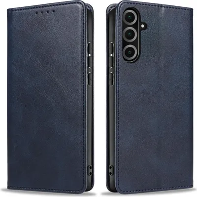 Two views of a blue leather flip phone case for a Samsung Galaxy A17 / A17 5G.