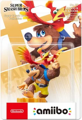 A product packaging for a Banjo & Kazooie Amiibo figure from the Super Smash Bros. Collection.
