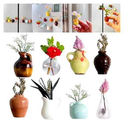 Produktbild von 8Pcs Mini Vase Magnete, Vasen Magnetisch, 3D Keramik Vase Kühlschrank Magnete, Harz Blumenvasen Mit Plastik Trockenblumen, Kühlschrank Accessoires Für Küche Und Büro