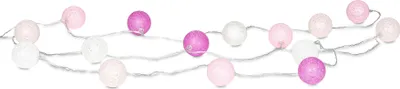 A string of decorative LED lights with cotton balls in various shades of pink and white.