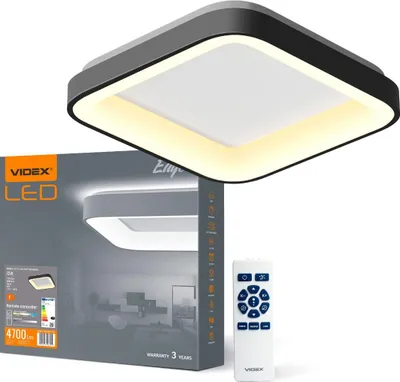 The image shows a product box for a Videx LED ceiling light, with the light fixture itself and a remote control placed next to it.