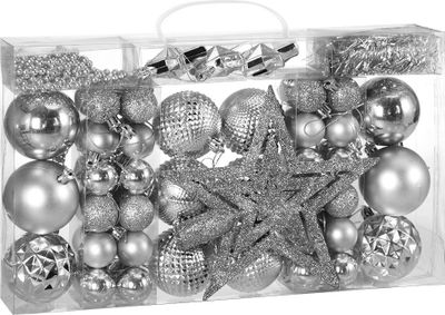 DEUBA® Weihnachstkugeln 66tlg Ø 3-6cm Kunststoff matt glänzend Christbaumkugeln Christbaumschmuck Anhänger Weihnachtsbaumkugeln Weihnachtsdeko Silber