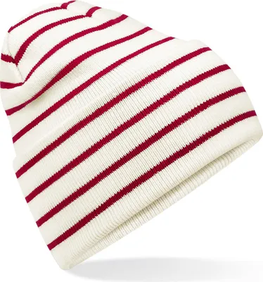 Produktbild von Beechfield B39R | Original Deep Cuffed Striped Beanie - Farbe: Soft White/Classic Red - Größe: One Size