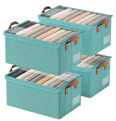 Produktbild von Stoffaufbewahrungsbox für Kleidung und Spielzeug, 4er-Set faltbare Aufbewahrungsboxen für den Kleiderschrank, stapelbar mit Deckel und Griff, 40 x 27 x 21 cm