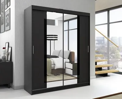 Produktbild von Schwebetürenschrank BRANI 120 cm Kleiderschrank mit Spiegel, 2-türig Schrank Farbe: Schwarz | Schwarz | Schwarz