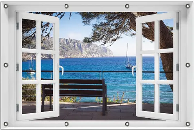 Produktbild von Wallario Outdoor-Poster für Garten oder Balkon 80 x 120 cm: Einsame Bank am Meer - Spanien im Sommer