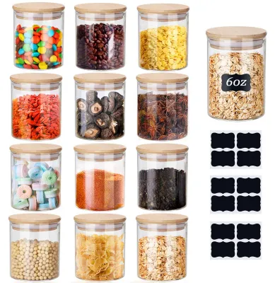 12 Vorratsgläser 150 ml mit Bambusdeckeln & Etiketten