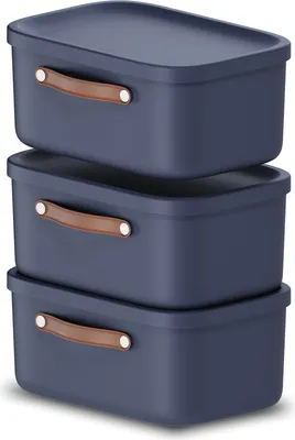 Three blue storage boxes stacked on top of each other.