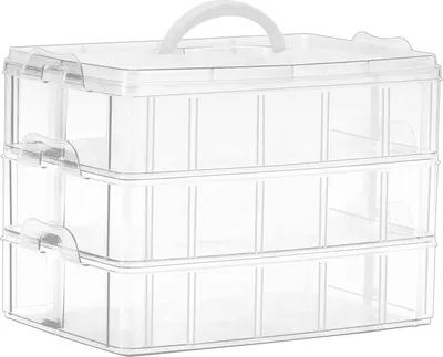 A clear, studio shot of a three-tiered transparent storage box with a white handle and lid.