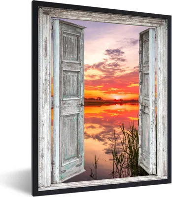 Produktbild von MuchoWow® Gerahmtes Poster Landschaft - Sonnenuntergang - Wasser - Aussicht 60x80 cm - Poster mit Schwarzem Bilderrahmen Wandposter Rahmen Foto Bilder - Premium - Wanddeko Wohnzimmer