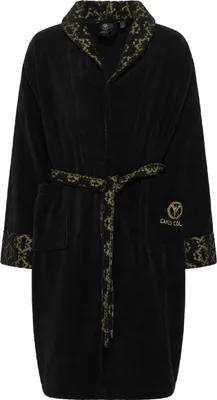 Produktbild von CARLO COLUCCI Bademantel Schwarz Gold | Schalkragen | 100 % Baumwolle | Frottier | Velours-Jacquard Details | knielang | Logostickerei | Herren | XL