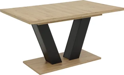 Produktbild von Hela Tische, Säulentisch Esstisch Hamm, Holzdekor Artisan Eiche, Synchronauszug 140-180x90cm, Melamin, Bodenplatte im Holzdekor, Schräge Säulenfüße