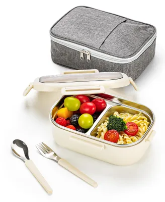 Produktbild von Auslaufsichere Lunchbox, 850 ml Bento-Box mit 2 Fächern und Besteckset für Snacks und Mahlzeiten (beige)