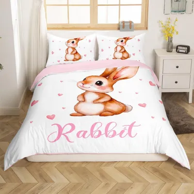 Immagine prodotto di Set di lenzuola con coniglietti, 155x220 cm, rosa e bianco, in microfibra, con cerniera, 1 federa 80x80 cm