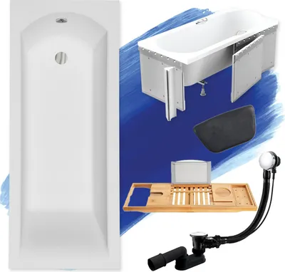 Produktbild von Badewanne Rechteck Set 5in1 150x70 mit Ablaufgarnitur und Füßen GRATIS + Styropor + Bambus Holzablage + Kopfstütze in Schwarz | BADLAND SHEA