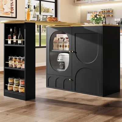 A modern kitchen island with a rotating table and storage, featuring a coffee maker and jars of food.
