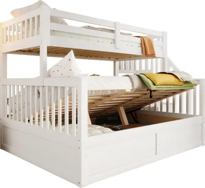 Produktbild von Etagenbett mit 2 Liegeflächen, Stauraum und Rausfallschutz, 90x200cm/140x200cm, Treppe mit Regal, Kinderbett, Jugendbett, Kiefer