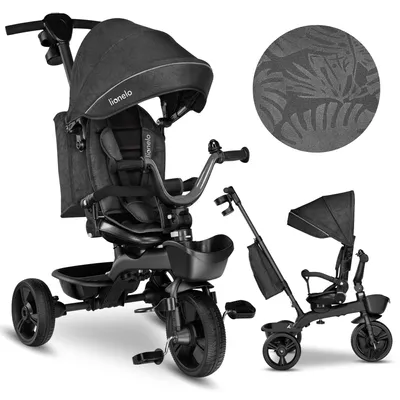 A black Lionelo Kori tricycle with a canopy and parent push bar is shown, along with a circular swatch of the fabric pattern. A smaller, scaled-down version of the tricycle is also visible.
