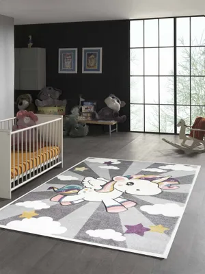 Obrázek produktu pro Dětský koberec s jednorožcem a duhou, šedokremsý, rozměry – 140 x 200 cm