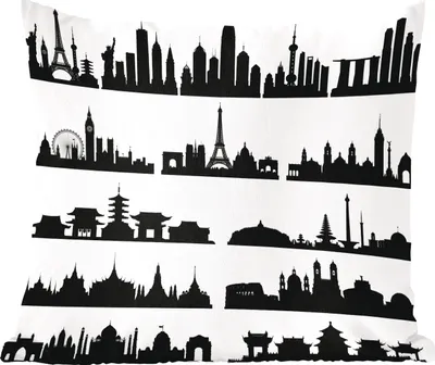 Produktbild von MuchoWow® Zierkissen Sofakissen Wohnzimmer Dekokissen 45x45 cm Schwarz-Weiß-Illustration der Stadt Skyline mit Sehenswürdigkeiten - Schlafpolster - Polster für das Sofa