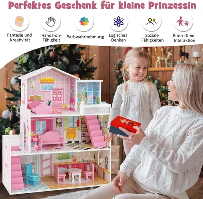 Immagine prodotto di Casa delle bambole in legno con 3 piani e 10 mobili e 5 stanze Casa delle bambole da sogno rosa
