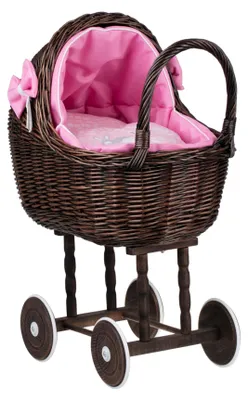 Produktbild von Lena Puppenwagen aus Weide mit rosa Besatz, Decke und Kissen TheWickerStories