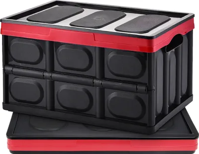 A black and red foldable storage box is shown stacked on top of its base.