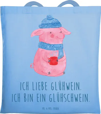 Produktbild von Mr. & Mrs. Panda Tote Bag Schwein Glühwein - Sky Blue - Geschenk, Weihnachten, Tragetasche, Schultasche, Jutebeutel, Glühschwein, Tasche, Jutetasche, Weihnachtsmarkt