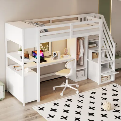 Produktbild von MODFU Jugendbett 90x200 Multifunktionsbett mit Schreibtisch und Steckdosen LED-Lichtleisten,Hochbett mit Stauraum und Kleiderschrank Regal,Weiß,ohne Matratze