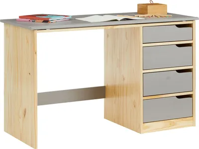 Produktbild von Kinderschreibtisch EMMA aus Kiefer Massivholz, natur/grau - Schreibtisch mit neigungsverstellbarer Tischplatte, schöner Jugendschreibtisch mit 4 Schubladen