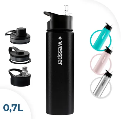 Zdjęcie produktu dla Wessper Butelka do picia ze stali nierdzewnej 700 ml Szczelna butelka termosowa bez bpa z 3 pokrywkami | Czarna elegancka butelka do picia Sport | Izolowana butelka dla dzieci Dorośli na kemping Rower Sport na świeżym powietrzu