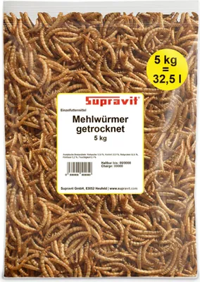 Produktbild von Supravit Mehlwürmer getrocknet 5kg | getrocknete Mehlwürmer für Wildvögel, Igel, Nager & Reptilien | Als Vogelfutter & Igelfutter