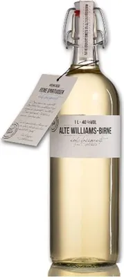A bottle of spirits with a tag attached to the neck.
