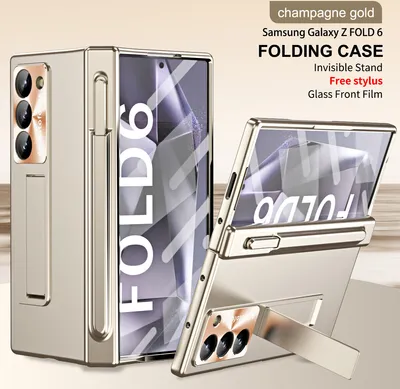 Immagine prodotto di Custodia per Samsung Galaxy Z Fold 6 protezione a cerniera magnetica con portapenne, cover in PC galvanizzato con lente e protezione dello schermo Oro