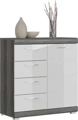 A modern dresser with a gray wood-grain finish on the sides and a white high-gloss finish on the drawers and doors, displayed against a white background.