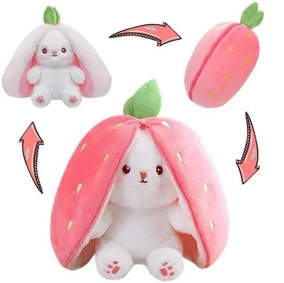 Productafbeelding van Pluche knuffelkonijn – Omkeerbaar knuffelkonijn – Konijn met aardbeienprint – Met rits – 35 cm – Kussen voor meisjes en voor Pasen