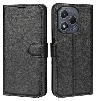 A black leather flip case for a smartphone, shown from the front and back.
