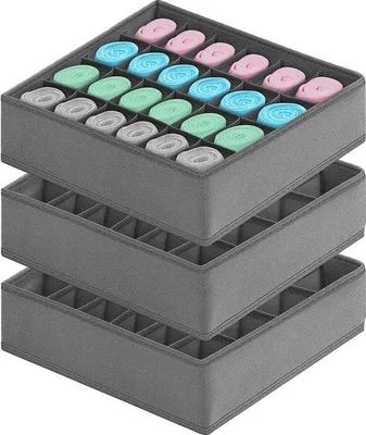 Immagine prodotto di Set di 3 organizer per cassetti Unyqoos® per calze e biancheria intima – 24 scomparti (7x7x10 cm), scatola 32x32x10 cm, pieghevole, grigio, realizzato in feltro rinforzato