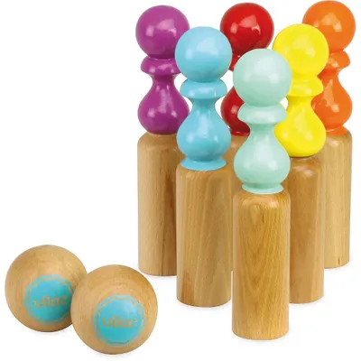 Kegelspiel aus Massivholz mit Baumwollbeutel