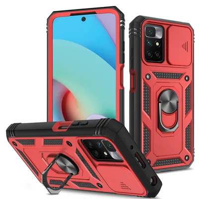 Image de Etui pour Xiaomi Redmi 10 protection coulissante de l'appareil photo, résistant aux chocs, avec porte-anneau, support et porte-cartes Rouge