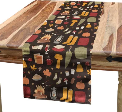 Produktbild von ABAKUHAUS Herbst Tischläufer, Saison Camp Artikel Eibisch Heiße Schokolade Lagerfeuer Kürbis, 40 x 180 cm, Dunkle Taupe und blasses Orange