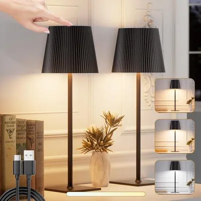 Image de Lampe de table LED, sans fil, à intensité variable, batterie LED tactile, 3 températures de couleur, IP54, 4800 mAh, adaptée à une utilisation en intérieur et en extérieur, rechargeable, USB-C, métal, noir, lot de 2