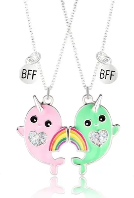 Produktbild von Náhrdelník Bixorp Friends BFF pre 2 ružové a zelené narvaly s dúhovou striebornou farbou - Náhrdelník priateľstva - Dve polovice Najlepší priatelia - Pre dievčatá - Náhrdelník Najlepší priatelia Darček priateľstva pre dvoch
