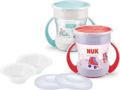 Produktbild von NUK Mini Magic Cup Set – Rosa & Mint 2er Pack + 2 Ersatzdeckel & 2 Trinktüllen – -frei, auslaufsicherer Babybecher ab 6 Monate