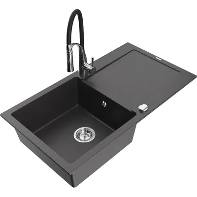 Obrázek produktu pro Mexen Leo 1-miskový granitový dřez s odkapávačem a kuchyňskou baterií Aster, Skvrnitá černá - 6501-76-73450-07